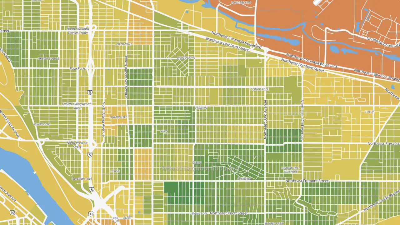 Map of the best neighborhoods in the Alberta, Portland area, with better matches in green and worse matches in red