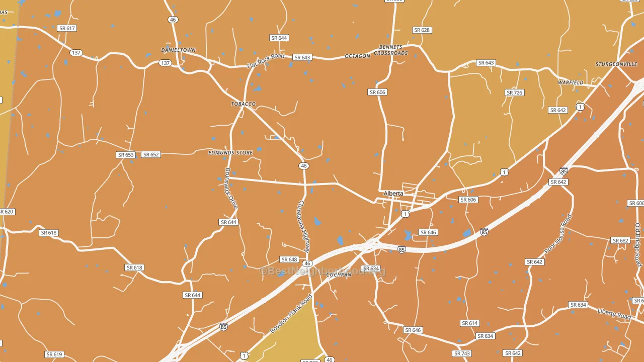 Map of the best neighborhoods in the Alberta area, with better matches in green and worse matches in red