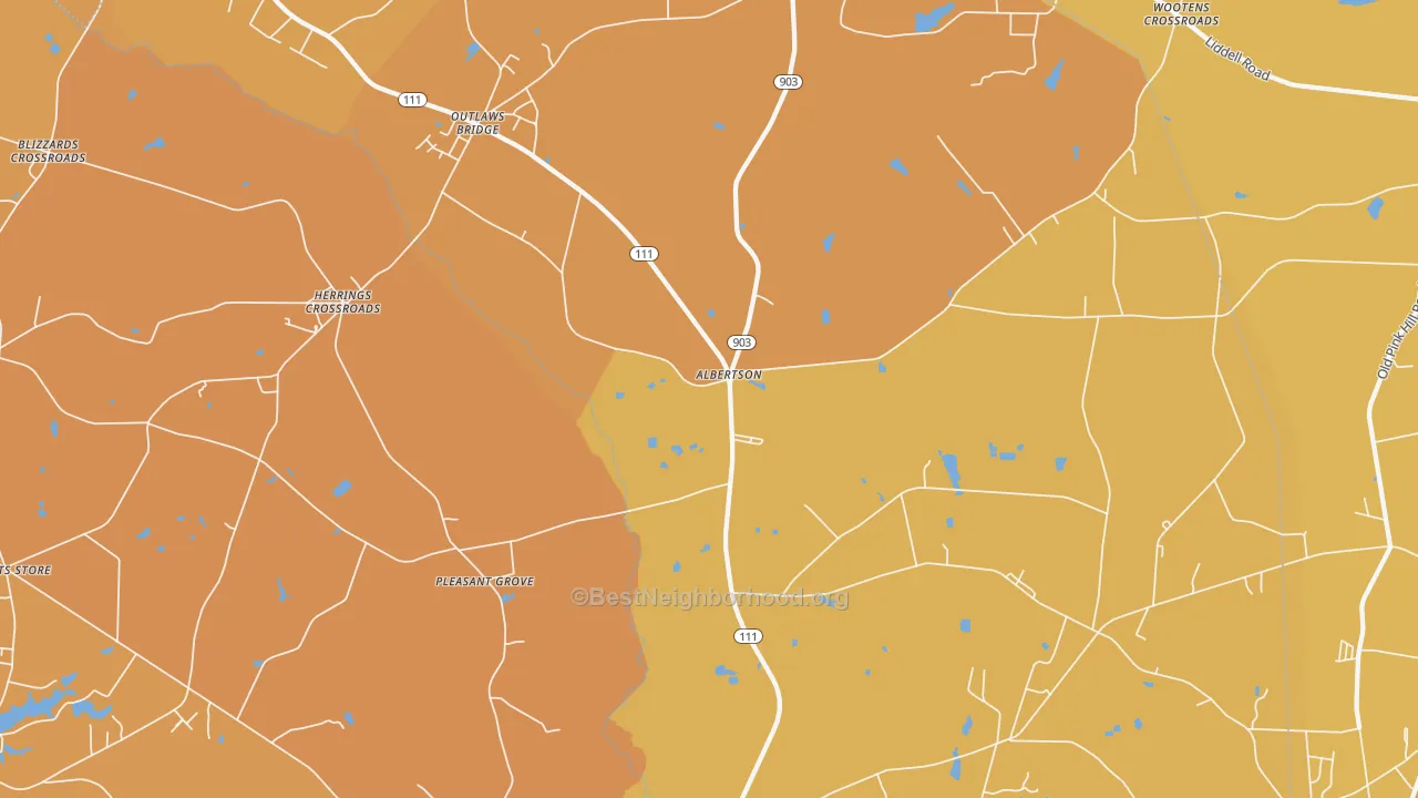 Map of the best neighborhoods in the Albertson area, with better matches in green and worse matches in red