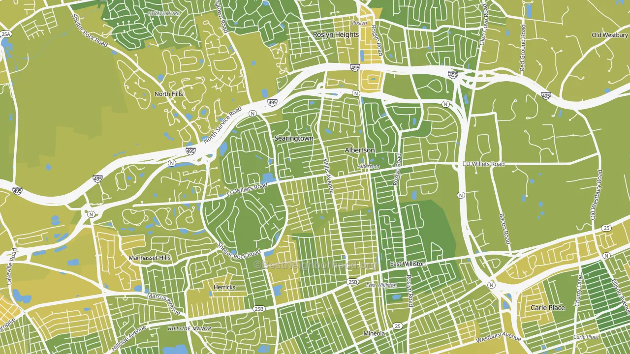 Map of the best neighborhoods in the Albertson area, with better matches in green and worse matches in red