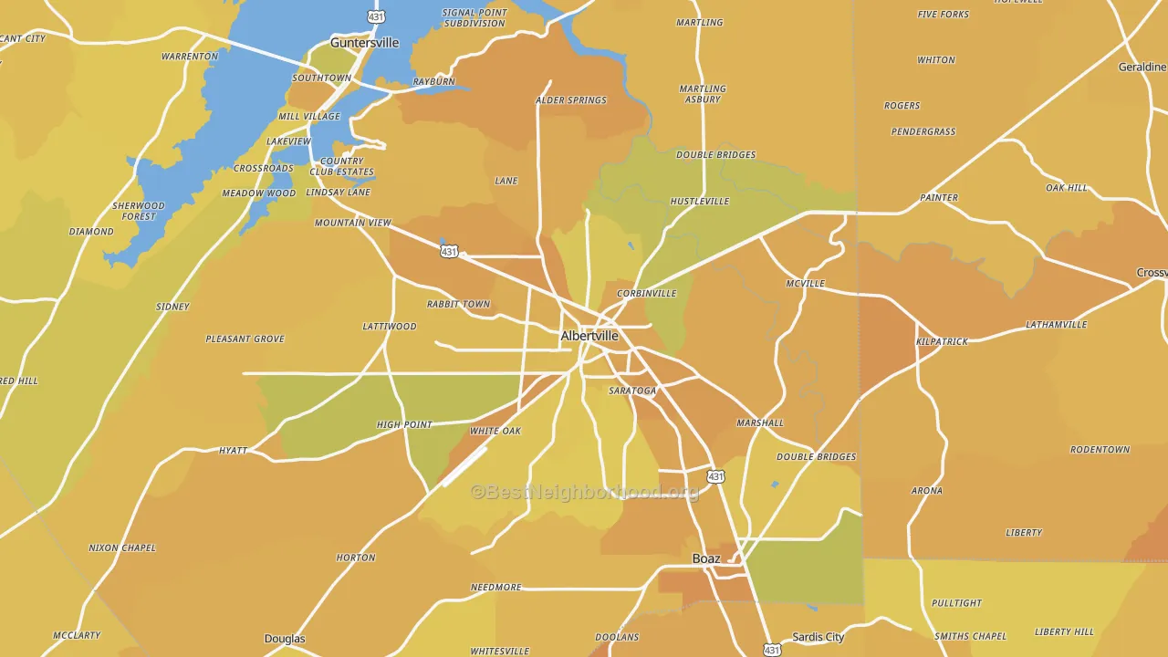 Map of the best neighborhoods in the Albertville area, with better matches in green and worse matches in red