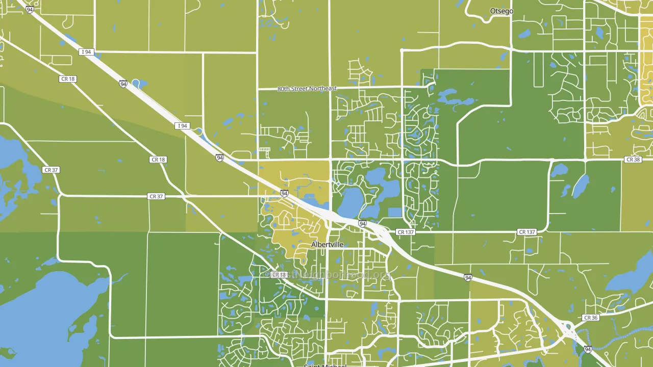 Map of the best neighborhoods in the Albertville area, with better matches in green and worse matches in red