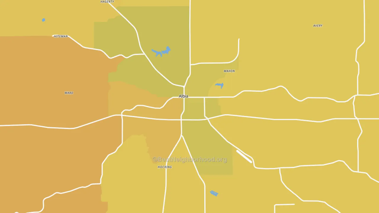 Map of the best neighborhoods in the Albia area, with better matches in green and worse matches in red