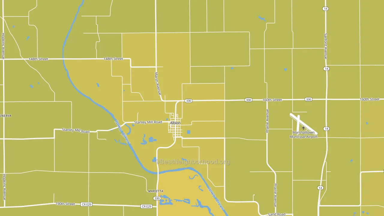 Map of the best neighborhoods in the Albion area, with better matches in green and worse matches in red