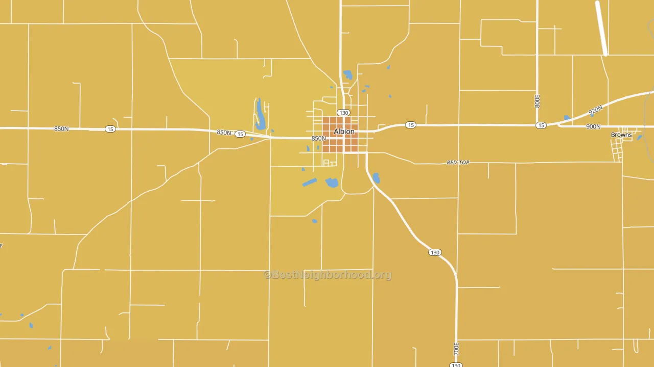 Map of the best neighborhoods in the Albion area, with better matches in green and worse matches in red