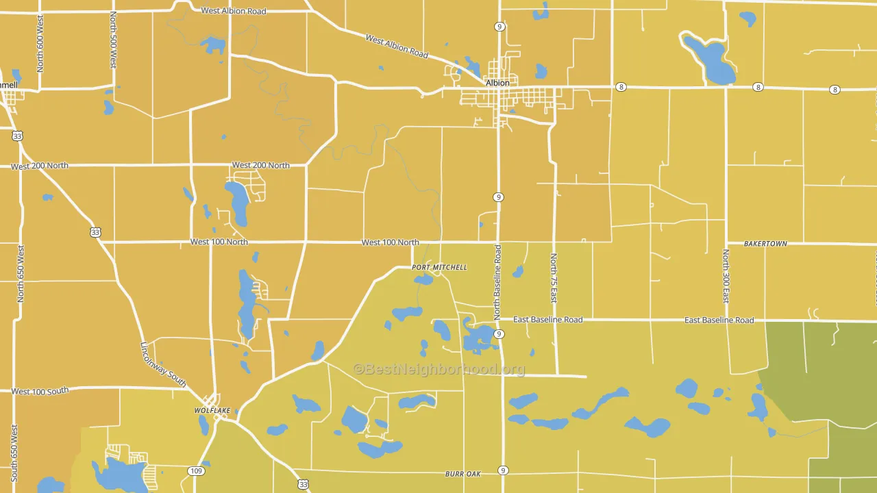 Map of the best neighborhoods in the Albion area, with better matches in green and worse matches in red