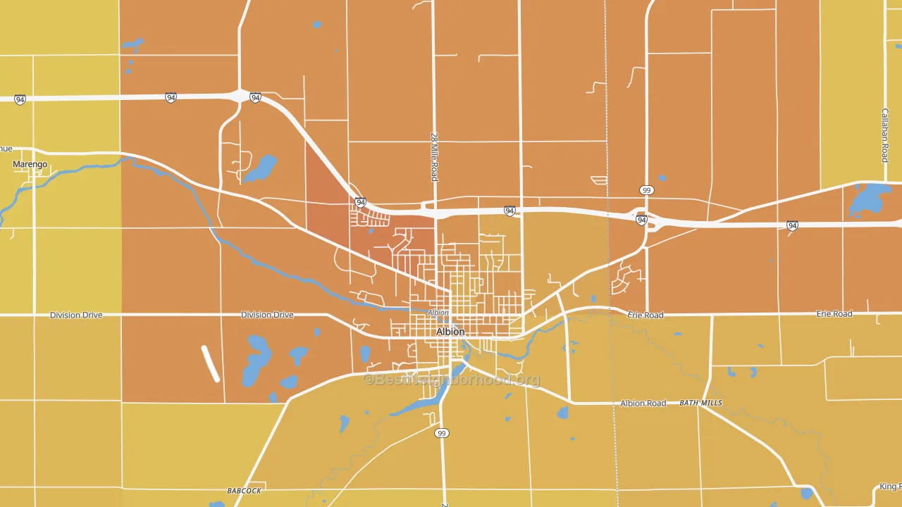 Map of the best neighborhoods in the Albion area, with better matches in green and worse matches in red