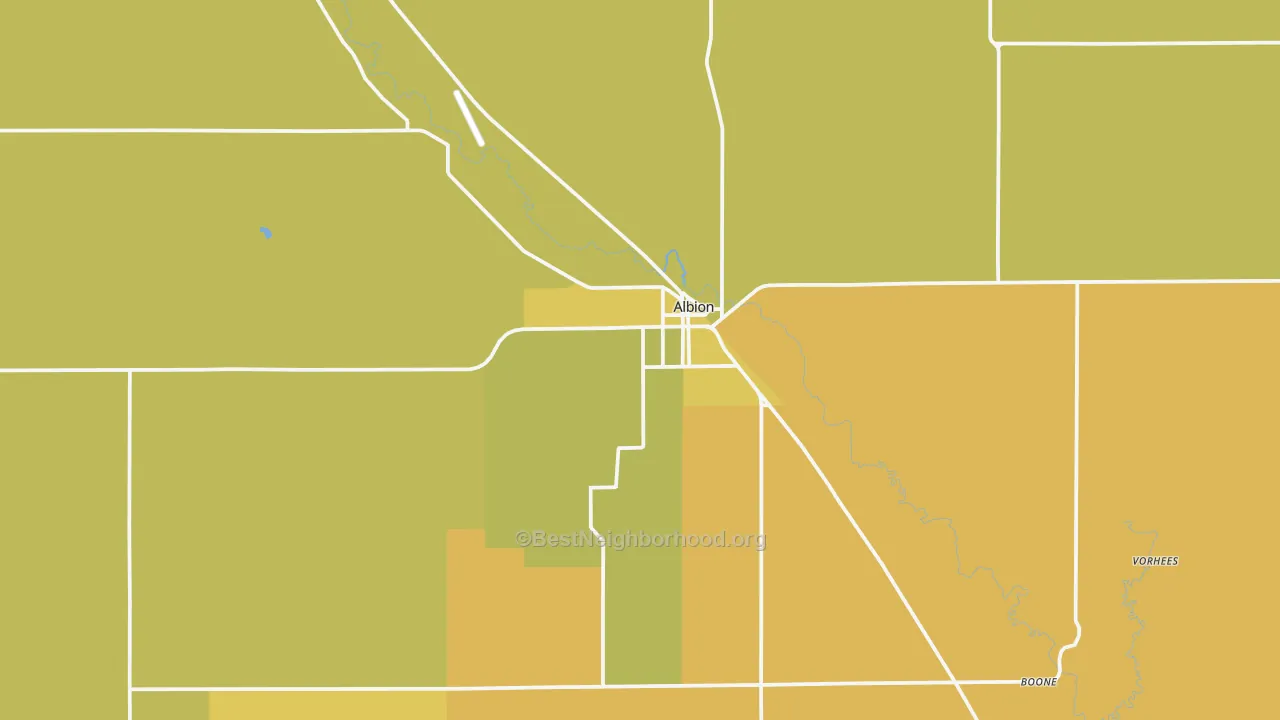 Map of the best neighborhoods in the Albion area, with better matches in green and worse matches in red