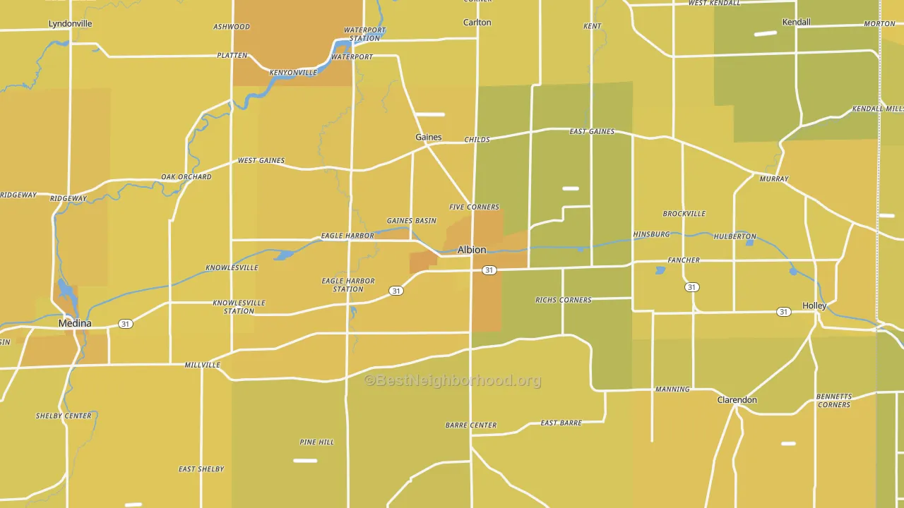 Map of the best neighborhoods in the Albion area, with better matches in green and worse matches in red