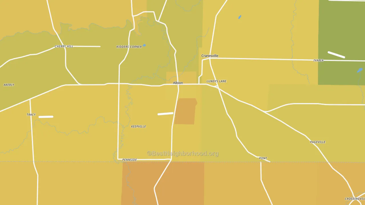 Map of the best neighborhoods in the Albion area, with better matches in green and worse matches in red