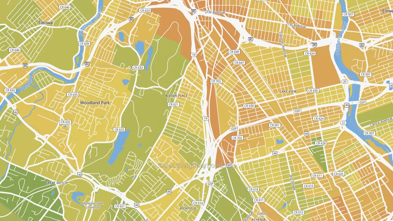 Map of the best neighborhoods in the Albion Place, Clifton area, with better matches in green and worse matches in red