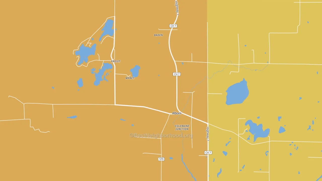 Map of the best neighborhoods in the Alborn area, with better matches in green and worse matches in red