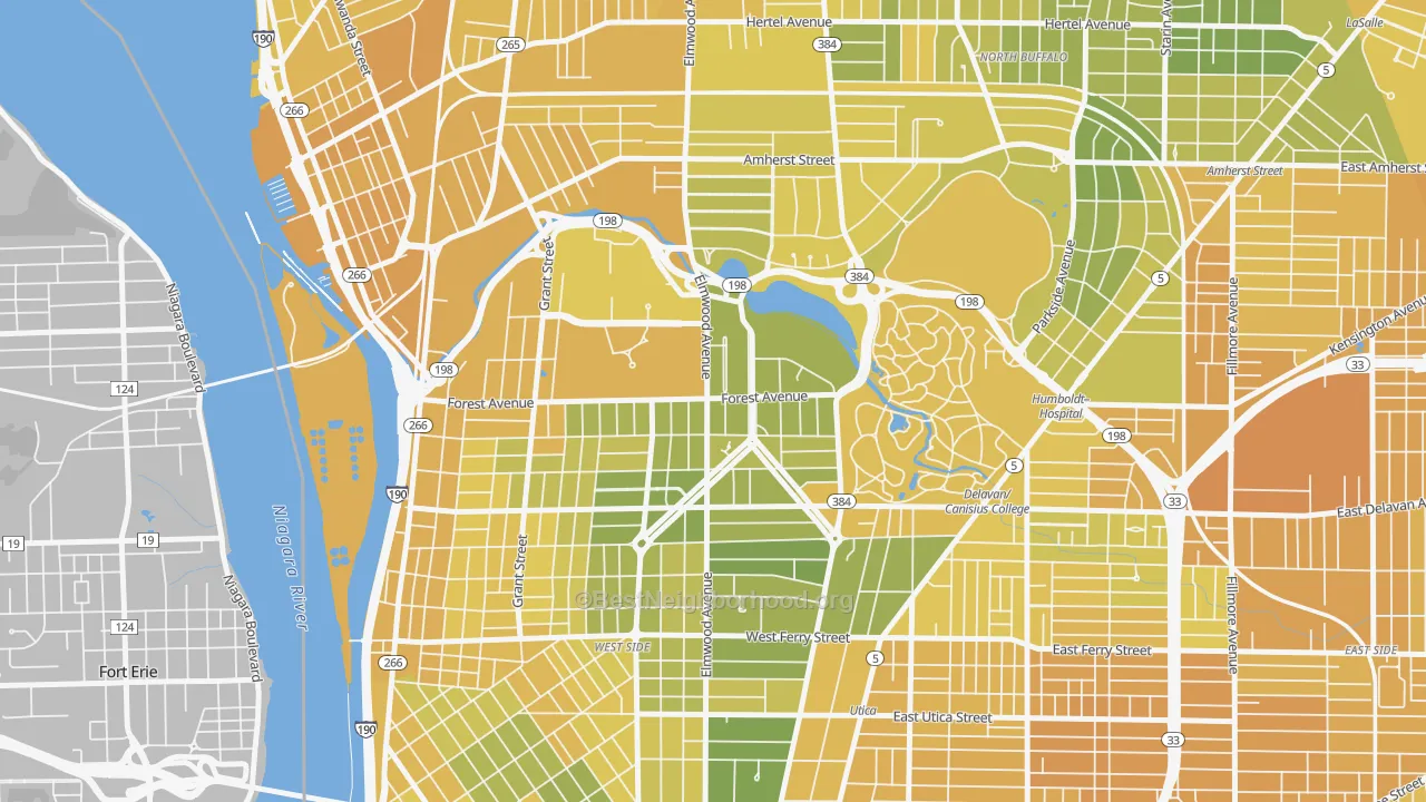 Map of the best neighborhoods in the Albright, Buffalo area, with better matches in green and worse matches in red