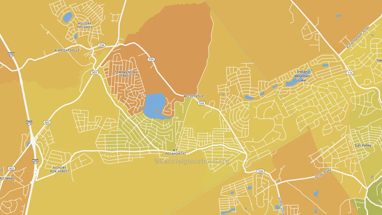 Map of the best neighborhoods in the Albrightsville area, with better matches in green and worse matches in red