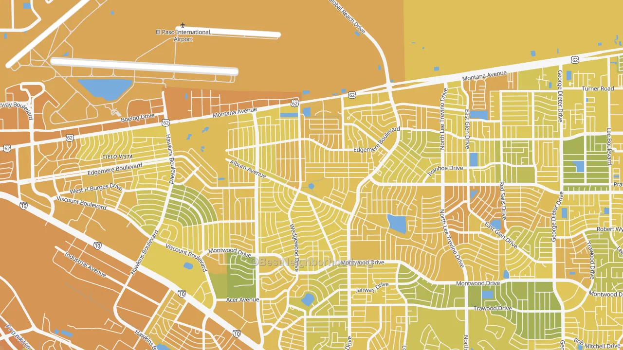 Map of the best neighborhoods in the Album Park, El Paso area, with better matches in green and worse matches in red