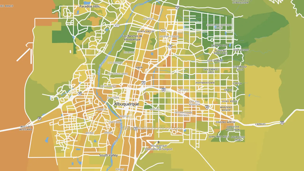 Map of the best neighborhoods in the Albuquerque Metro area, with better matches in green and worse matches in red