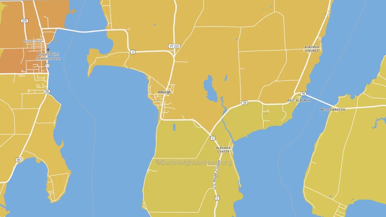 Map of the best neighborhoods in the Alburg area, with better matches in green and worse matches in red