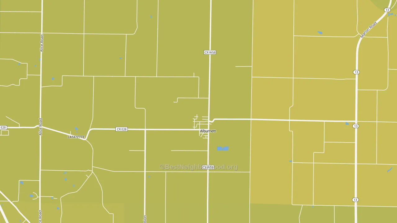 Map of the best neighborhoods in the Alburnett area, with better matches in green and worse matches in red
