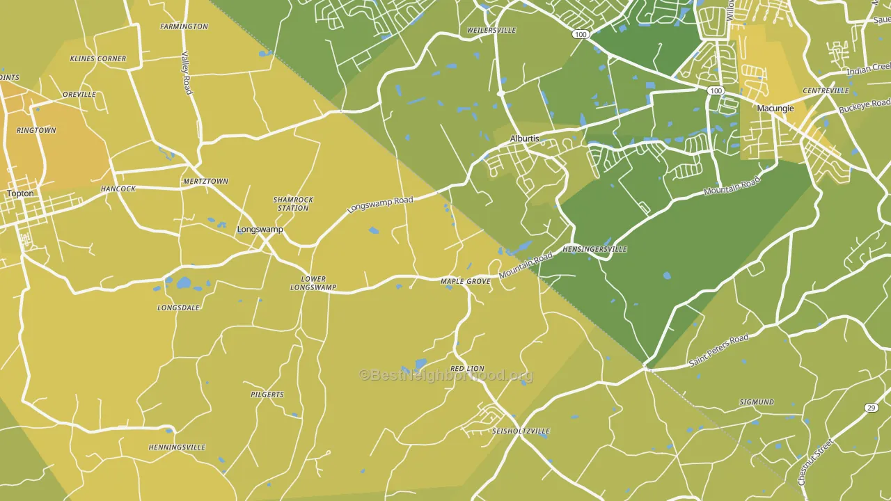 Map of the best neighborhoods in the Alburtis area, with better matches in green and worse matches in red