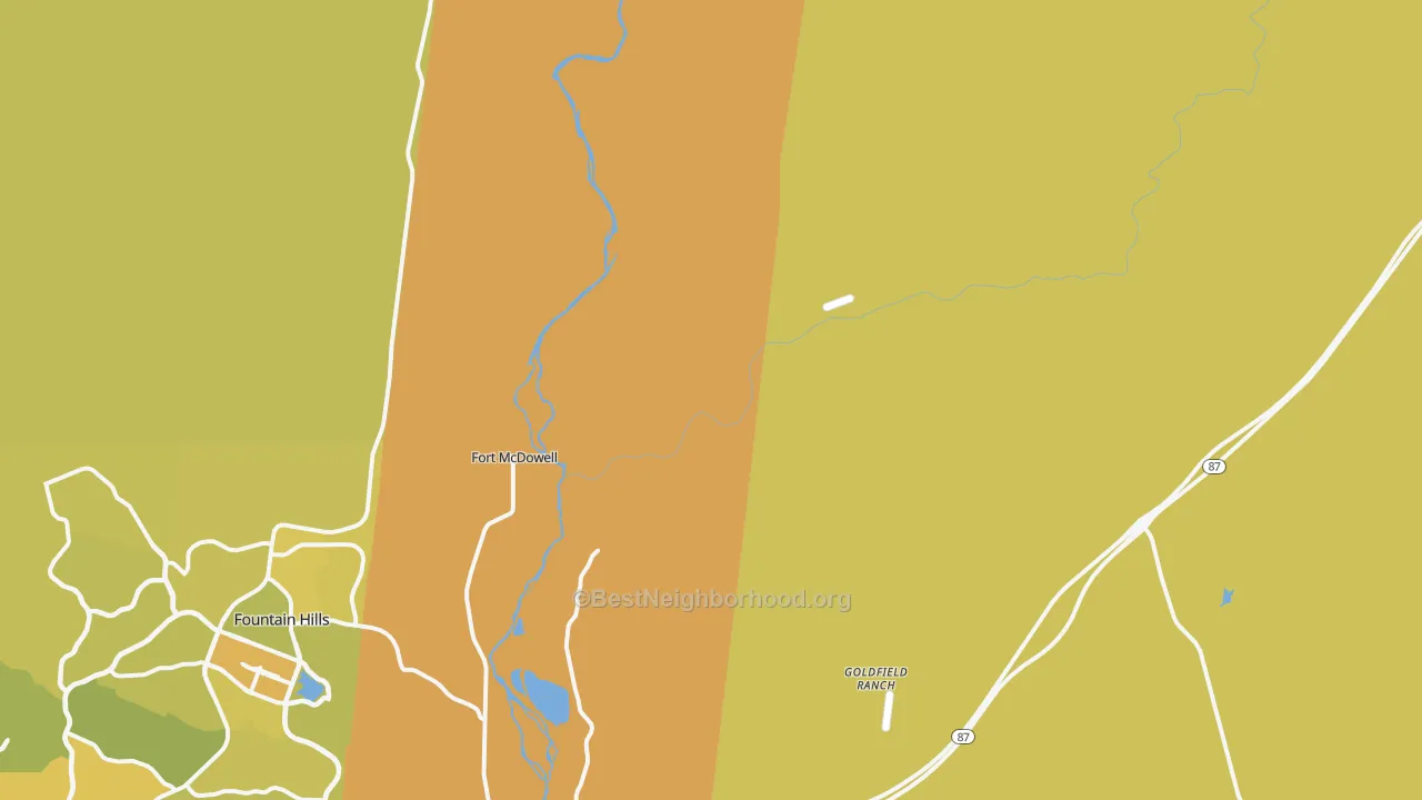 Map of the best neighborhoods in the Alchesay Flat area, with better matches in green and worse matches in red