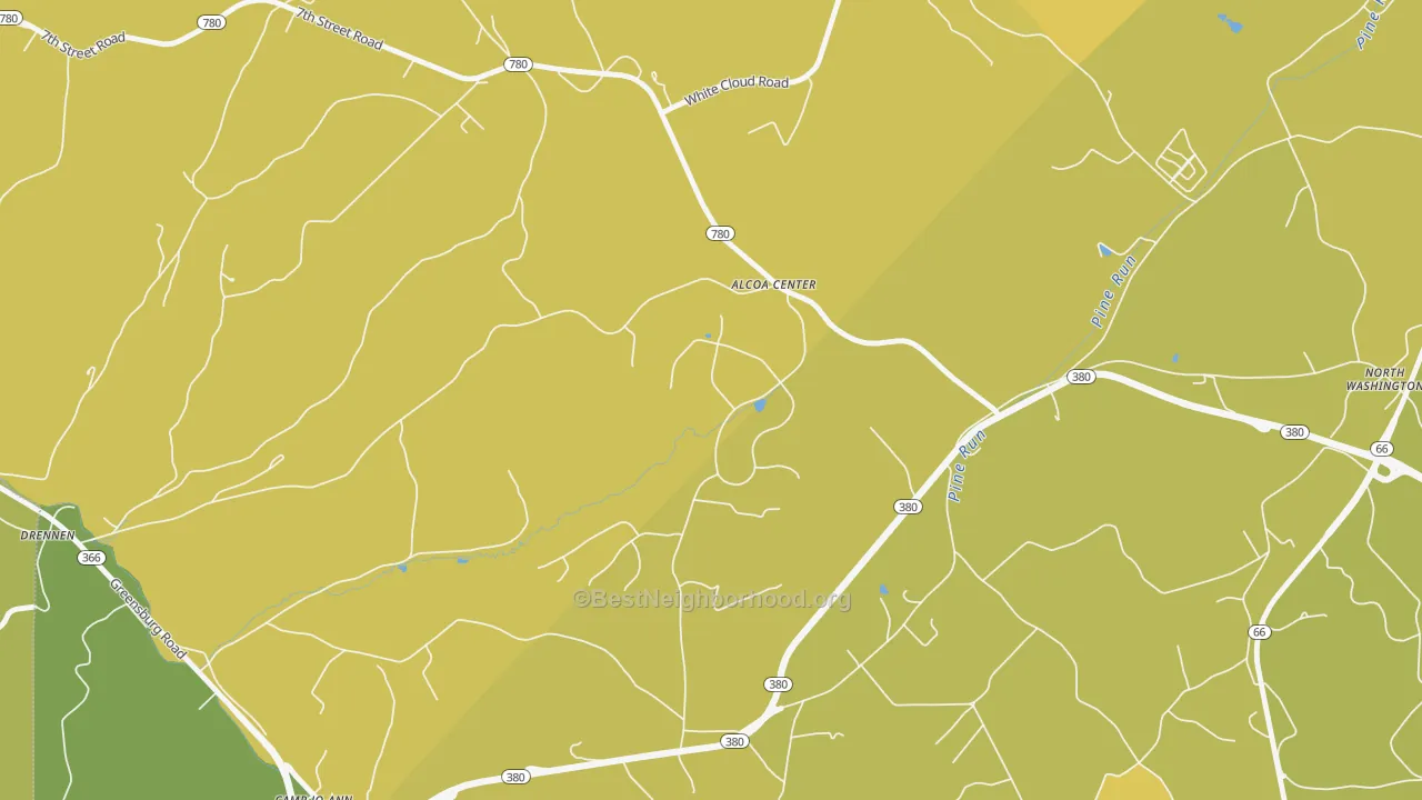 Map of the best neighborhoods in the Alcoa Center area, with better matches in green and worse matches in red