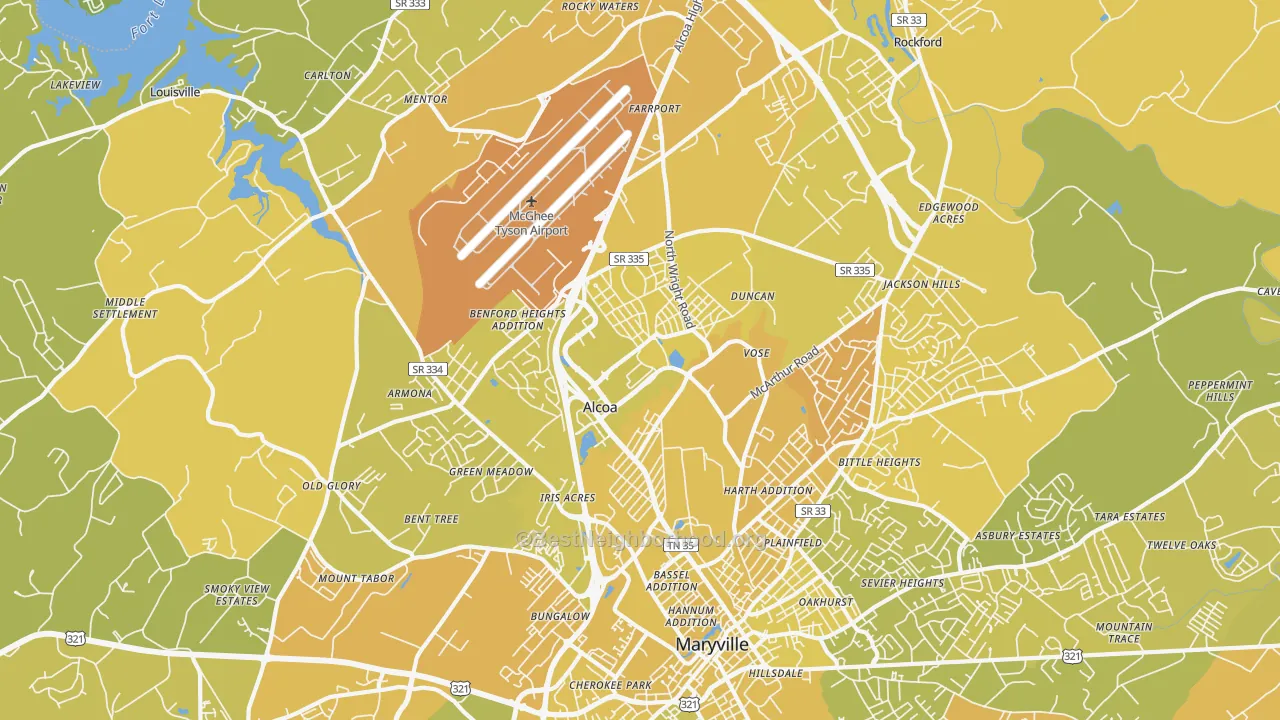 Map of the best neighborhoods in the Alcoa area, with better matches in green and worse matches in red