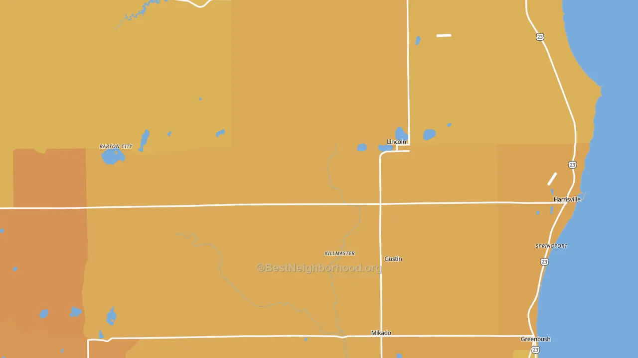 Map of the best neighborhoods in the Alcona County area, with better matches in green and worse matches in red