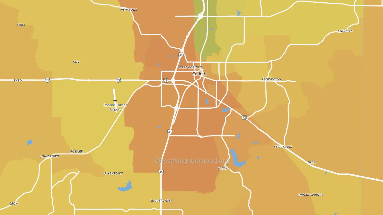 Map of the best neighborhoods in the Alcorn County area, with better matches in green and worse matches in red