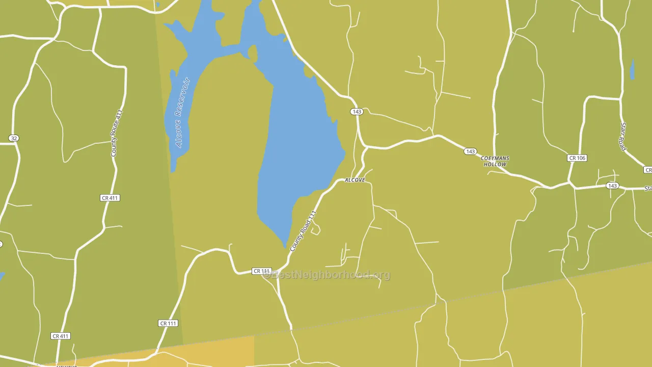 Map of the best neighborhoods in the Alcove area, with better matches in green and worse matches in red