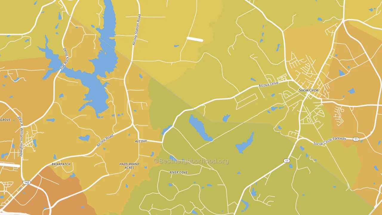 Map of the best neighborhoods in the Alcovy area, with better matches in green and worse matches in red