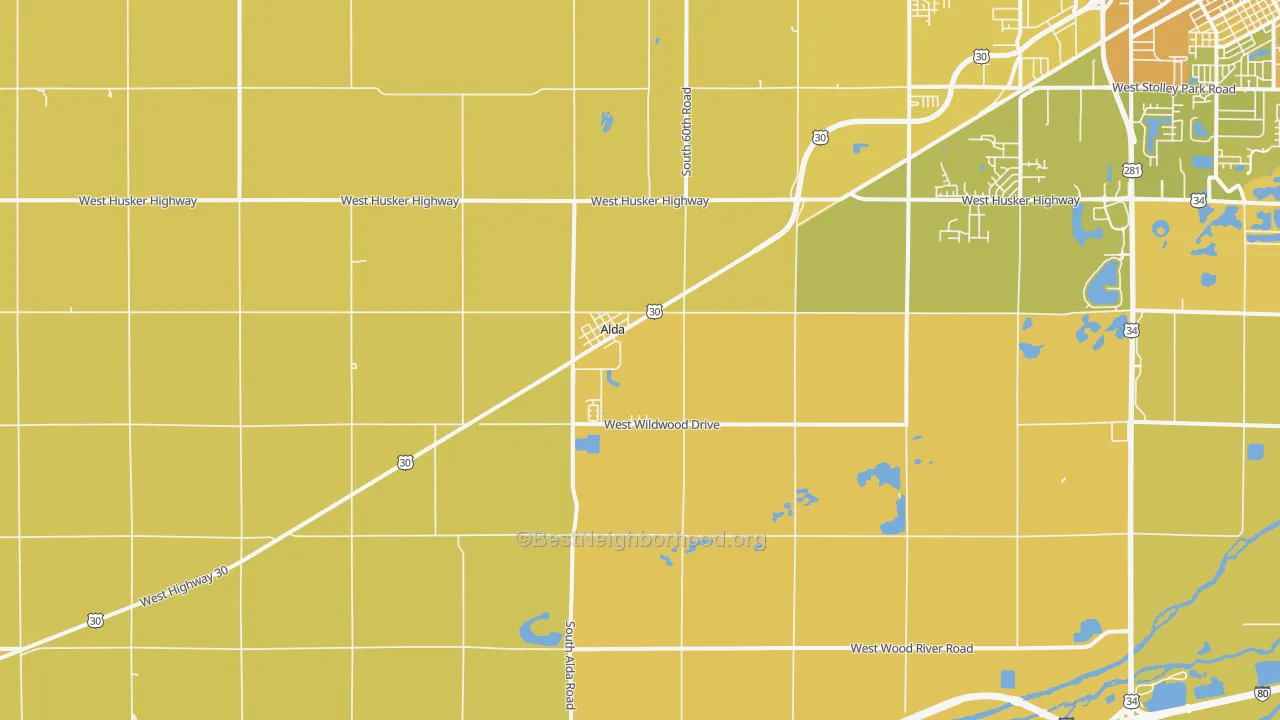 Map of the best neighborhoods in the Alda area, with better matches in green and worse matches in red