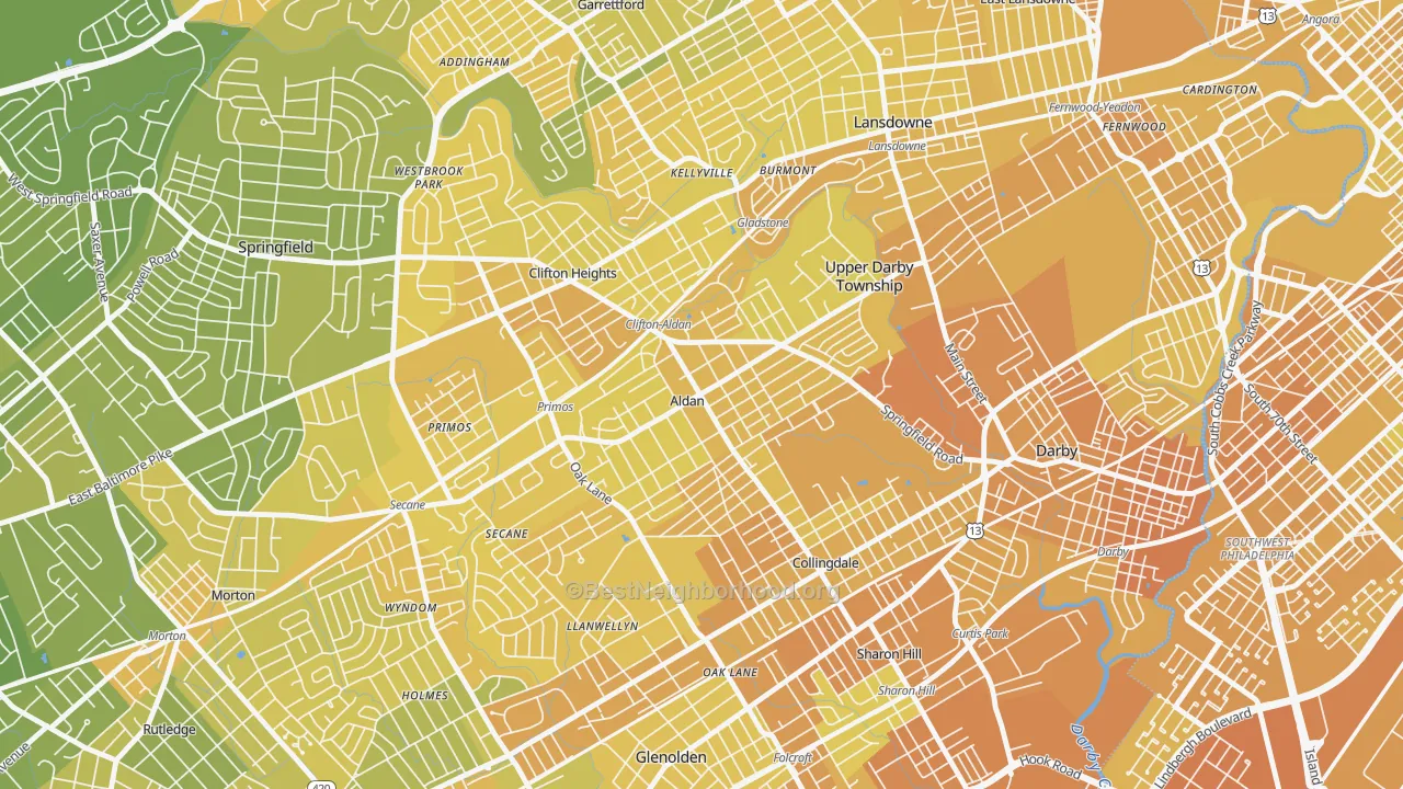 Map of the best neighborhoods in the Aldan area, with better matches in green and worse matches in red