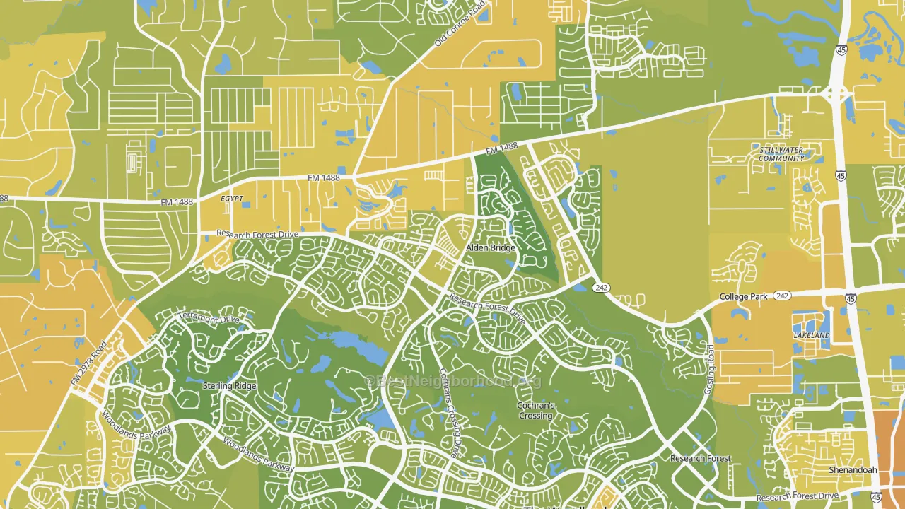 Map of the best neighborhoods in the Alden Bridge, The Woodlands area, with better matches in green and worse matches in red