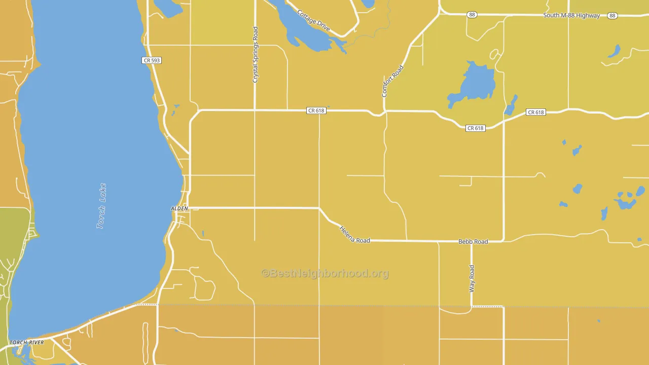 Map of the best neighborhoods in the Alden area, with better matches in green and worse matches in red