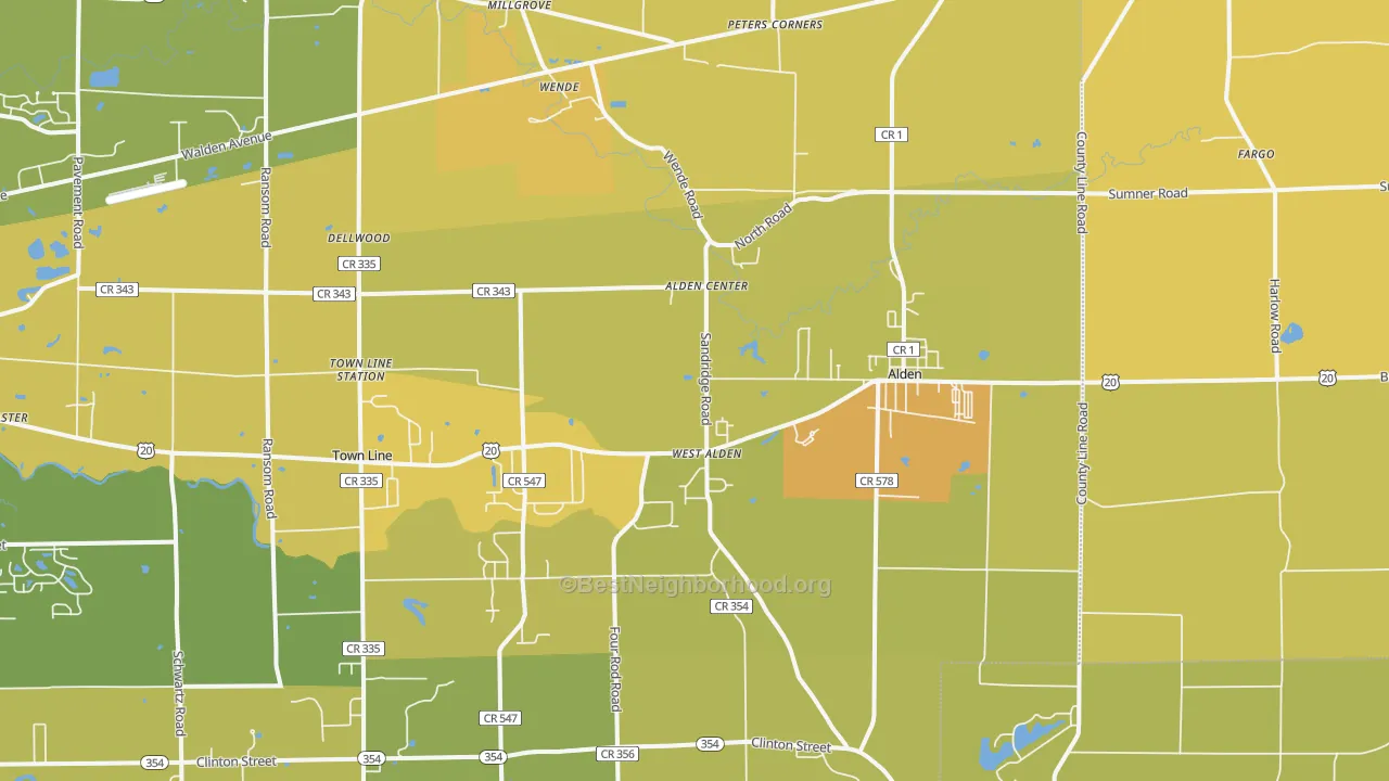 Map of the best neighborhoods in the Alden area, with better matches in green and worse matches in red
