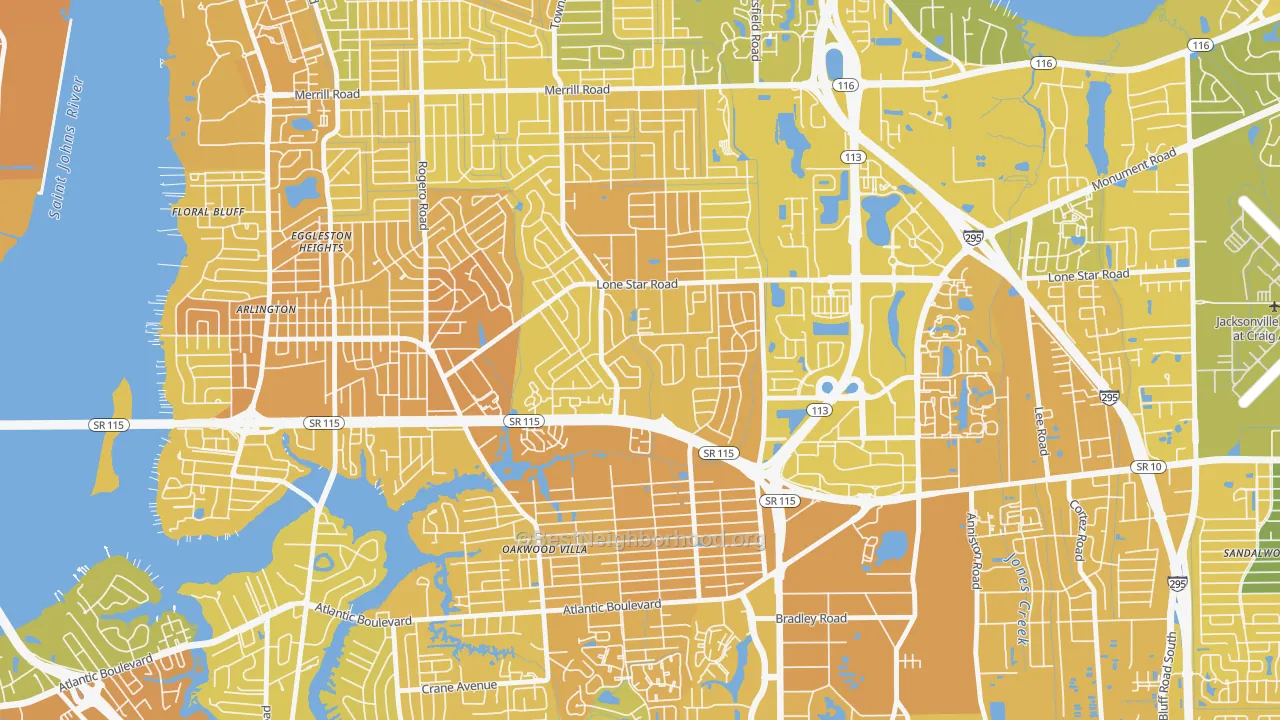 Map of the best neighborhoods in the Alderman Park, Jacksonville area, with better matches in green and worse matches in red