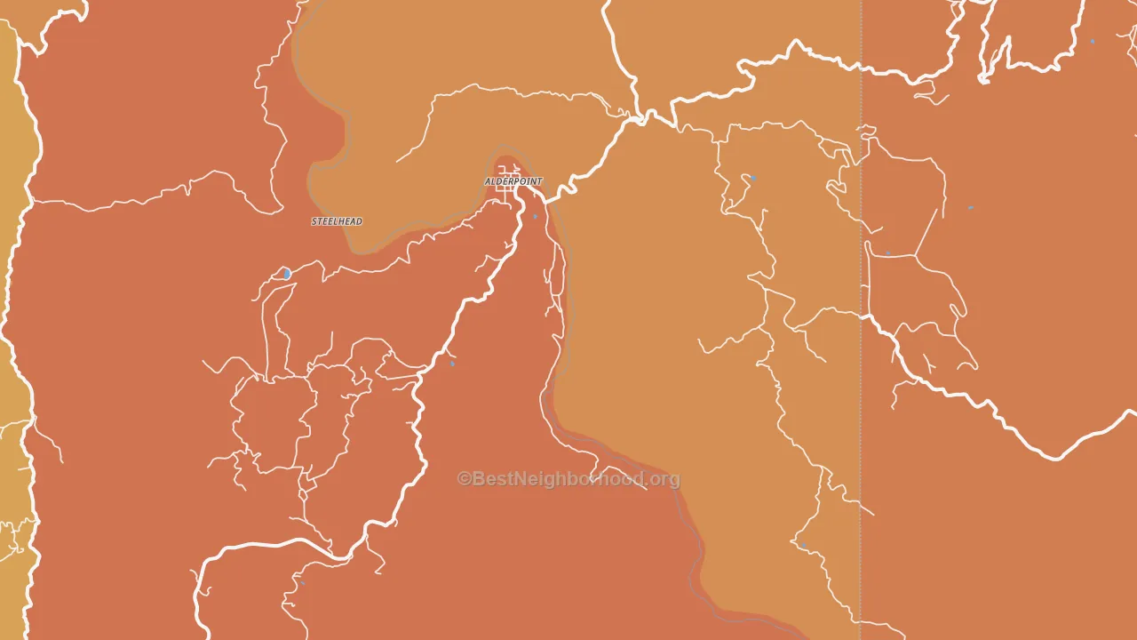 Map of the best neighborhoods in the Alderpoint area, with better matches in green and worse matches in red
