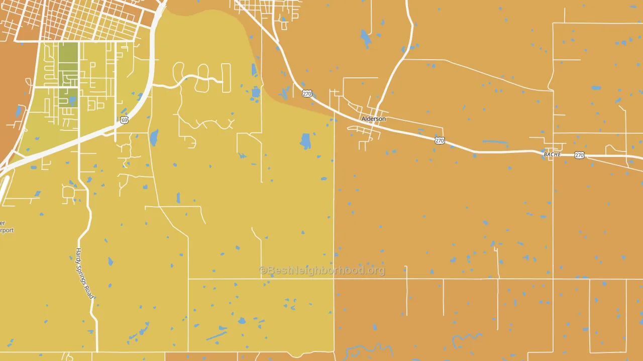 Map of the best neighborhoods in the Alderson area, with better matches in green and worse matches in red