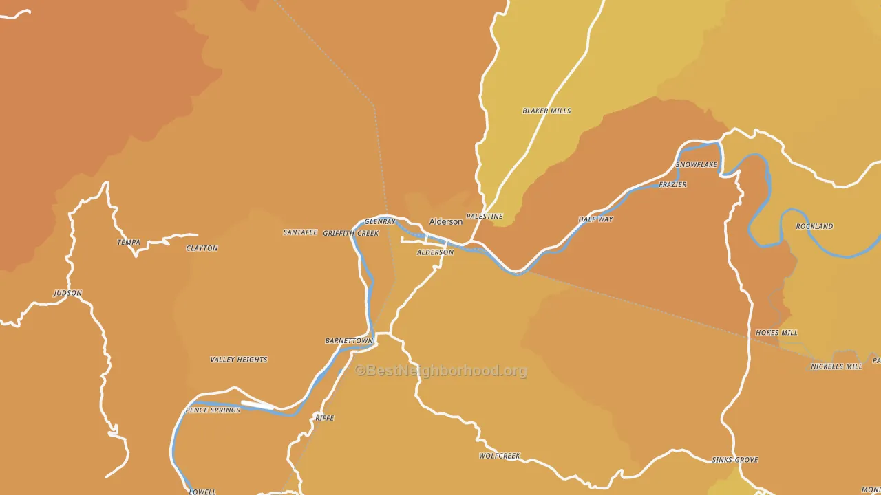 Map of the best neighborhoods in the Alderson area, with better matches in green and worse matches in red