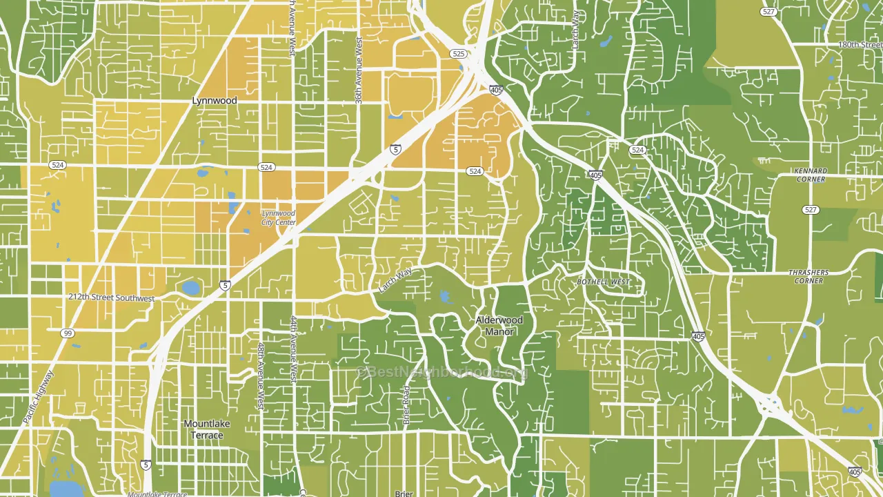 Map of the best neighborhoods in the Alderwood Manor, Lynnwood area, with better matches in green and worse matches in red
