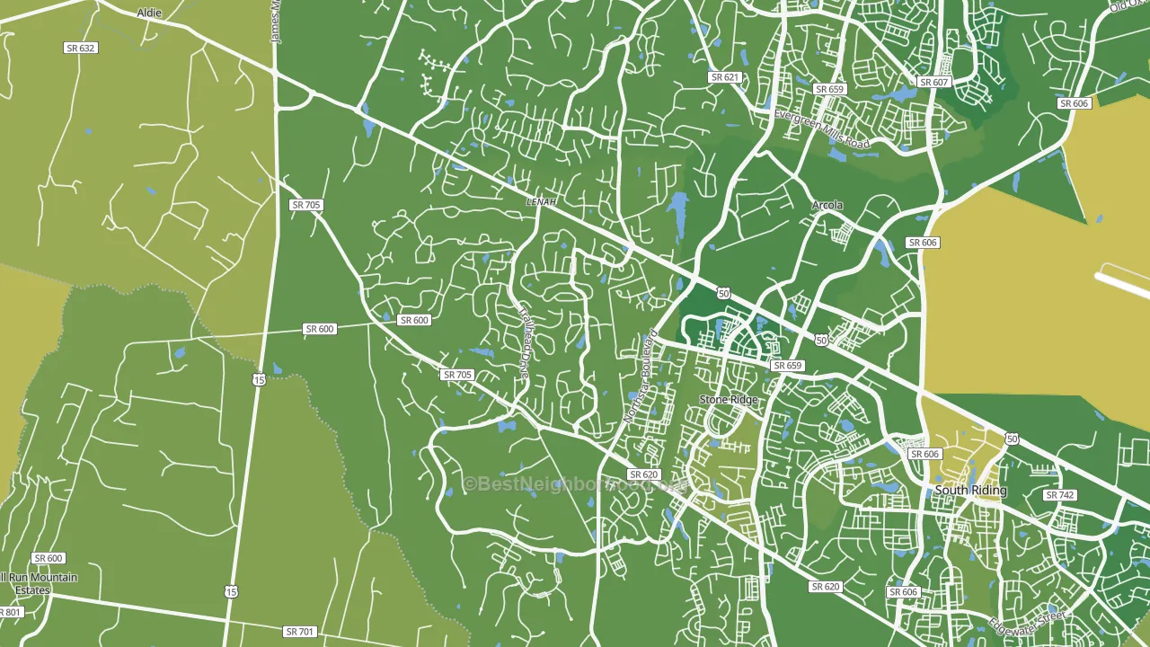 Map of the best neighborhoods in the Aldie area, with better matches in green and worse matches in red