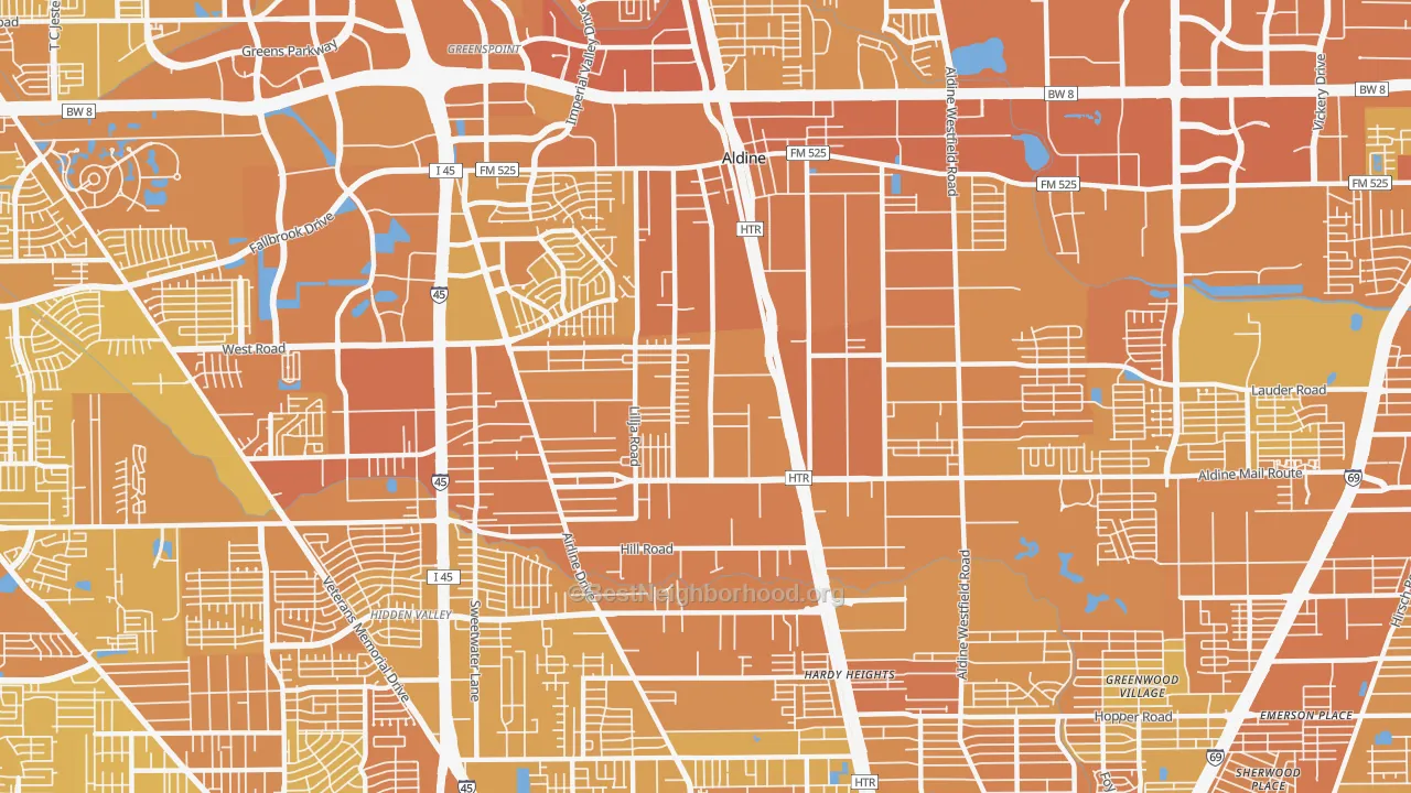 Map of the best neighborhoods in the Aldine area, with better matches in green and worse matches in red