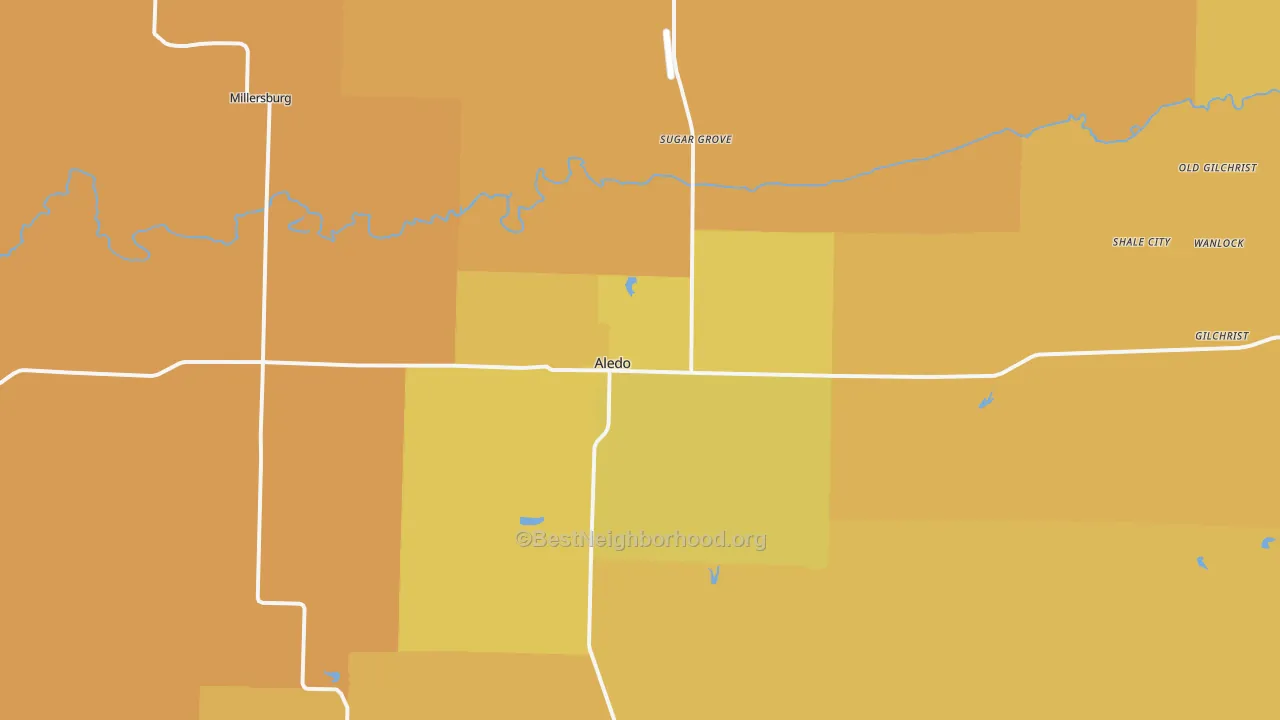 Map of the best neighborhoods in the Aledo area, with better matches in green and worse matches in red