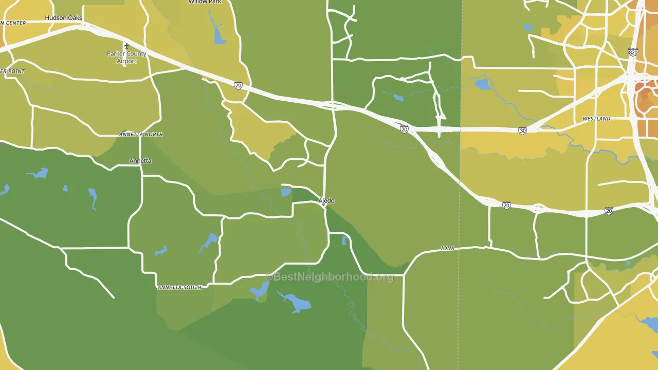 Map of the best neighborhoods in the Aledo area, with better matches in green and worse matches in red
