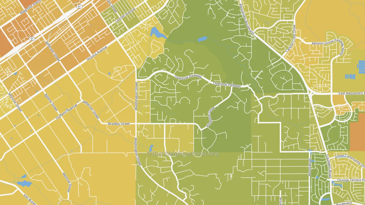 Map of the best neighborhoods in the Alessandro Heights, Riverside area, with better matches in green and worse matches in red