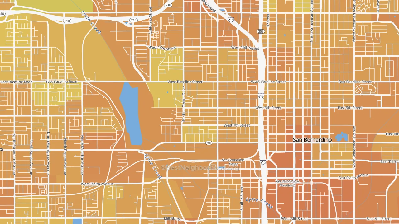 Map of the best neighborhoods in the Alessandro, San Bernardino area, with better matches in green and worse matches in red