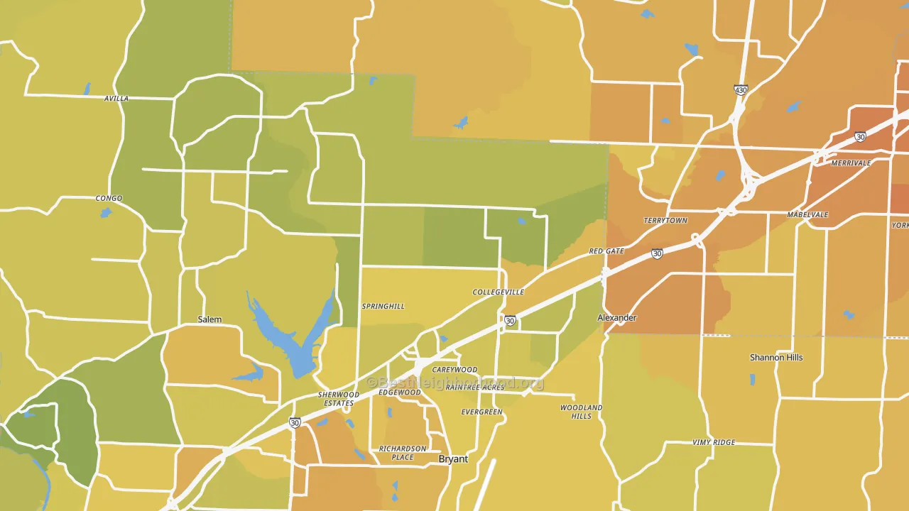 Map of the best neighborhoods in the Alexander area, with better matches in green and worse matches in red