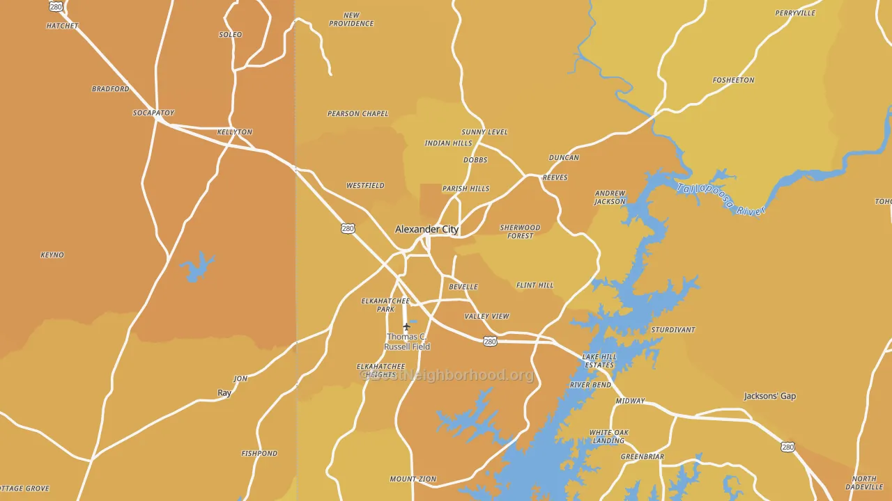 Map of the best neighborhoods in the Alexander City area, with better matches in green and worse matches in red