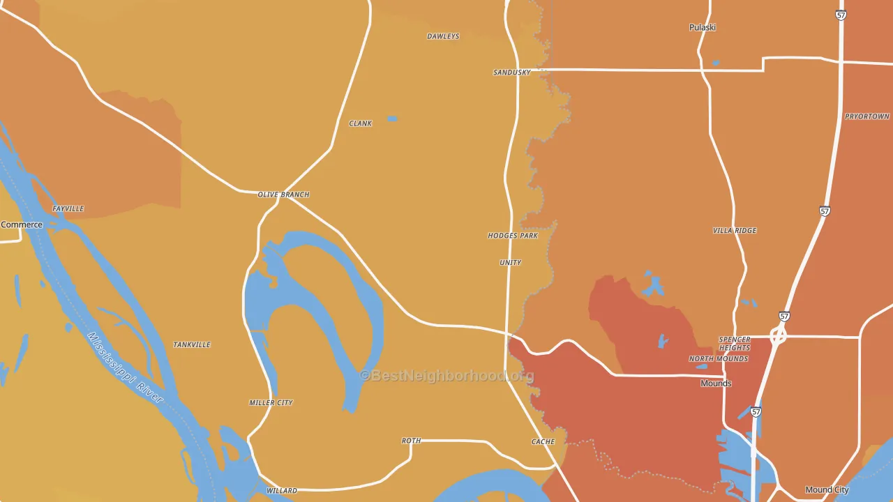 Map of the best neighborhoods in the Alexander County area, with better matches in green and worse matches in red