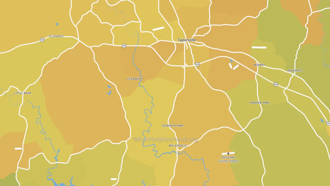 Map of the best neighborhoods in the Alexander County area, with better matches in green and worse matches in red